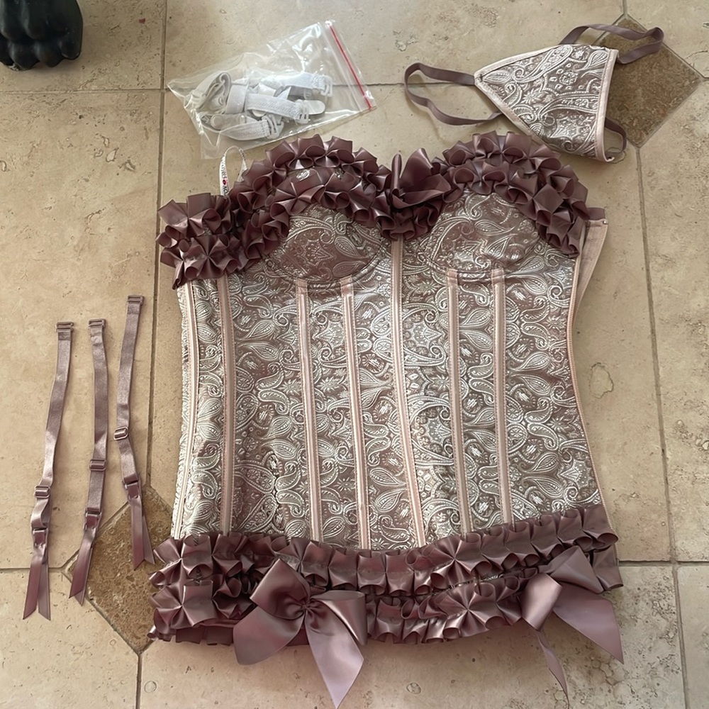 NWOT Never Worn Mauve Silver Provocative Corset Lace Up Zip Thong Small Med S/M